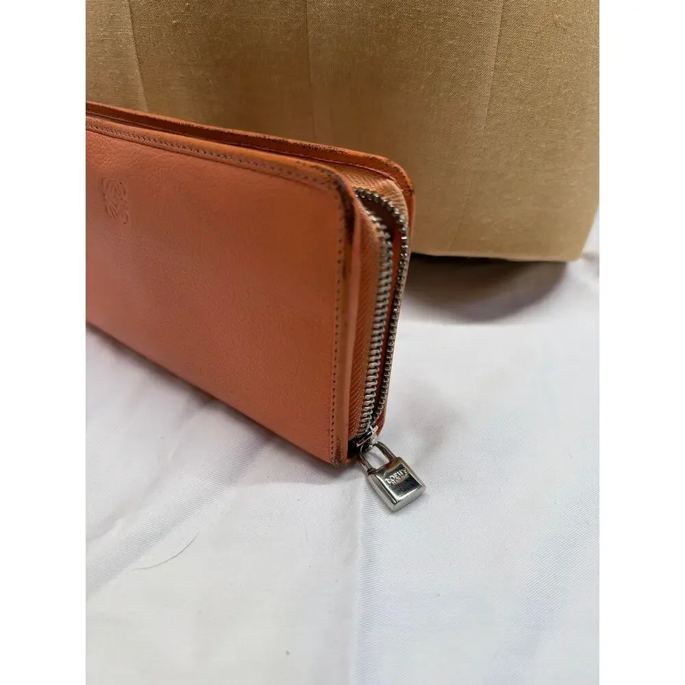Loewe Vintage Orange Leather Zip Around Continental Wallet w/ Engraved Padlock
